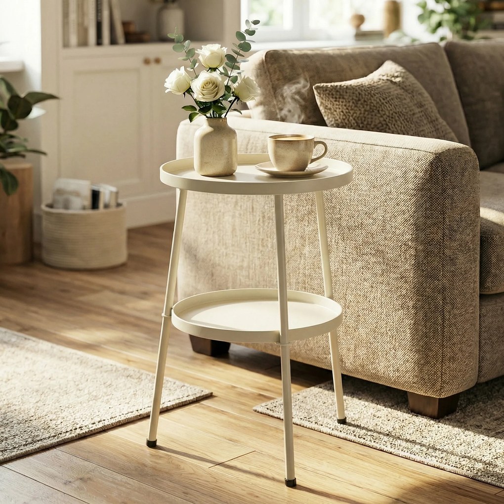 Outsunny Stolik pomocniczy Ø36 cm, stolik balkonowy z metalu, stolik tarasowy, okrągły stolik na taras, balkon, kremowy | Aosom PL