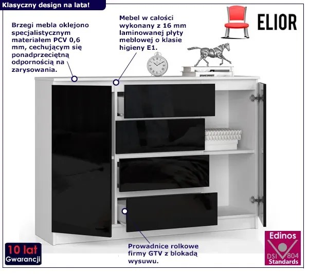 Nowoczesna komoda w połysku do sypialni biała + czarny - Karius 4X 140 cm