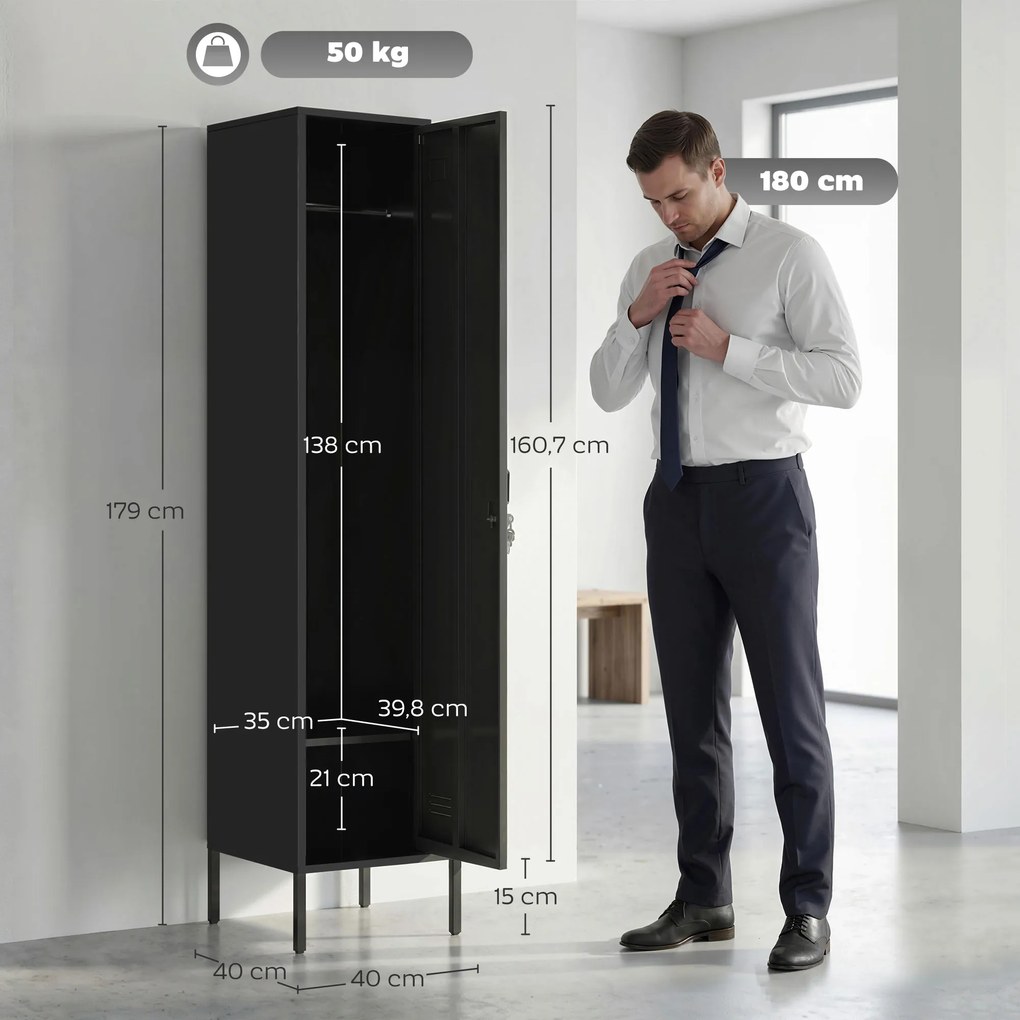 HOMCOM Metalowa szafka z zamykaną drzwiami i drążkiem na ubrania, pojedyncza stalowa szafka do domu lub biura, czarna | Aosom PL