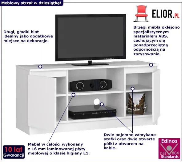 Biała szafka pod telewizor z drzwiczkami - Galapi 5X 140 cm