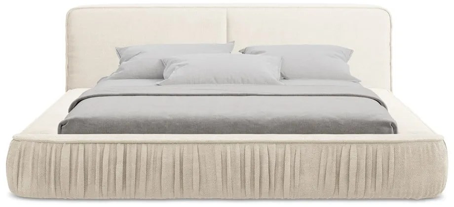 Kremowe tapicerowane łóżko dwuosobowe ze schowkiem i stelażem 160x200 cm Keoni – Makamii