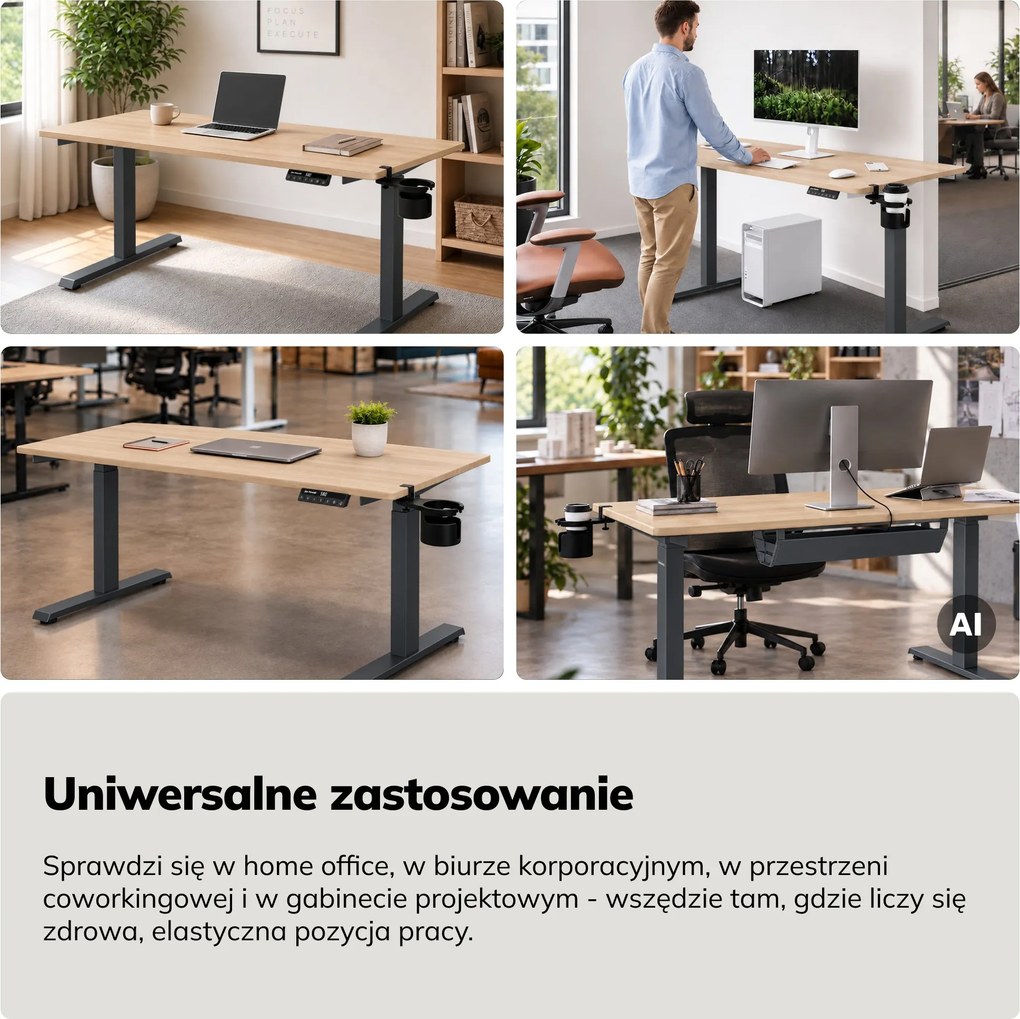 Biurko elektryczne z regulacją wysokości ergonomiczne antracytowe/dąb sonoma,1400x700 mm: ARIA
