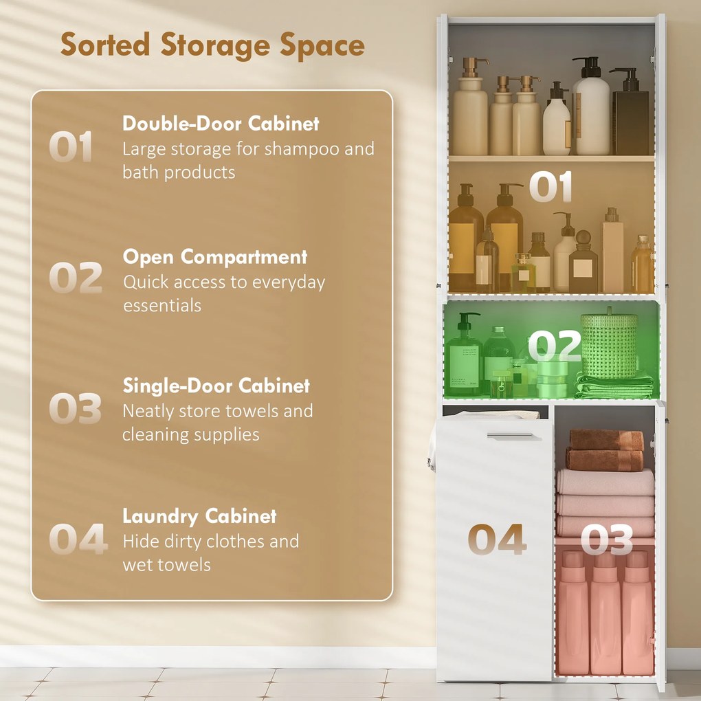 HOMCOM Wysoka na 174 cm szafka łazienkowa z uchylnym koszem na pranie i drzwiami Soft-Close, Biała | Aosom PL