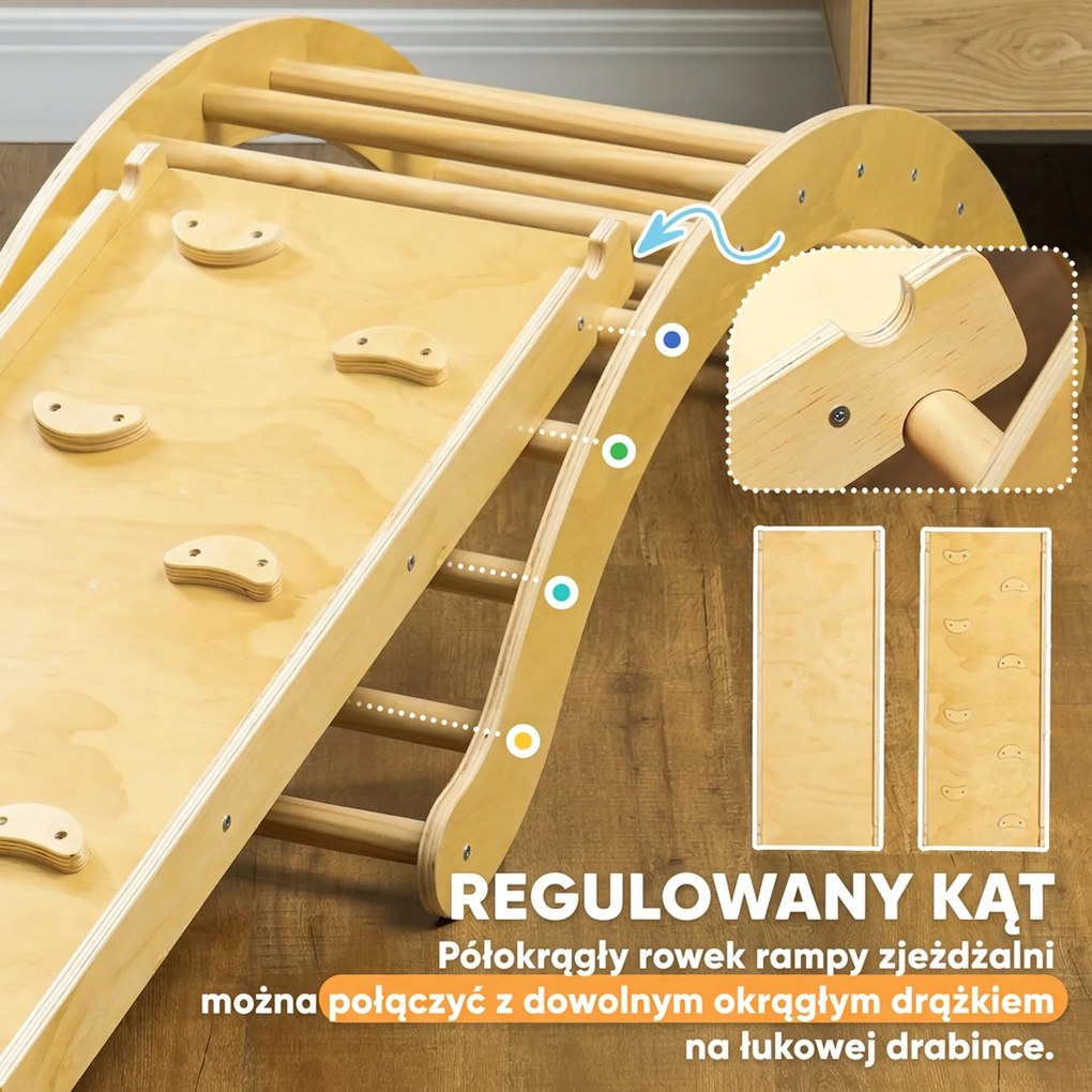 AIYAPLAY Zestaw wspinaczkowy dla dzieci, design 4 w 1 z mostkiem łukowym, huśtawką, poduszką, rampą zjeżdżalnią, do użytku wewnętrznego, Drewno