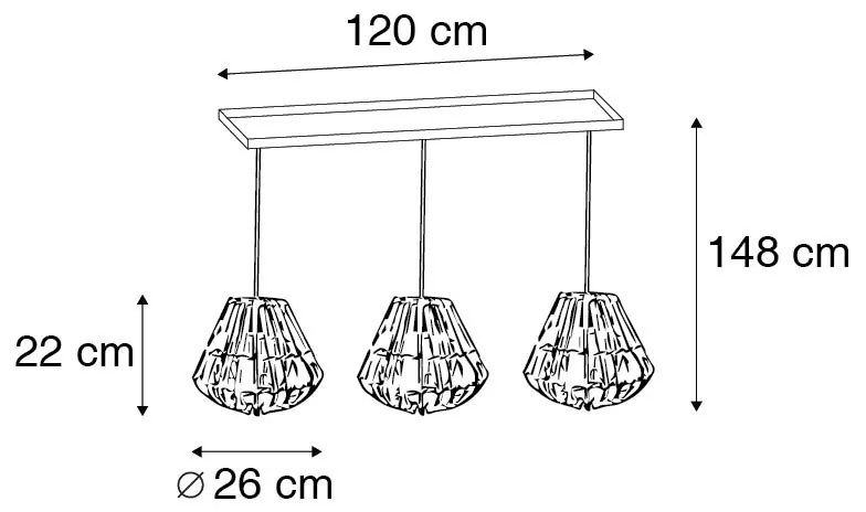 Lampa wisząca bambusowa z białym prostokątnym kloszem 3-światłowa - Canna Diamond Rustykalny / Vintage Oswietlenie wewnetrzne