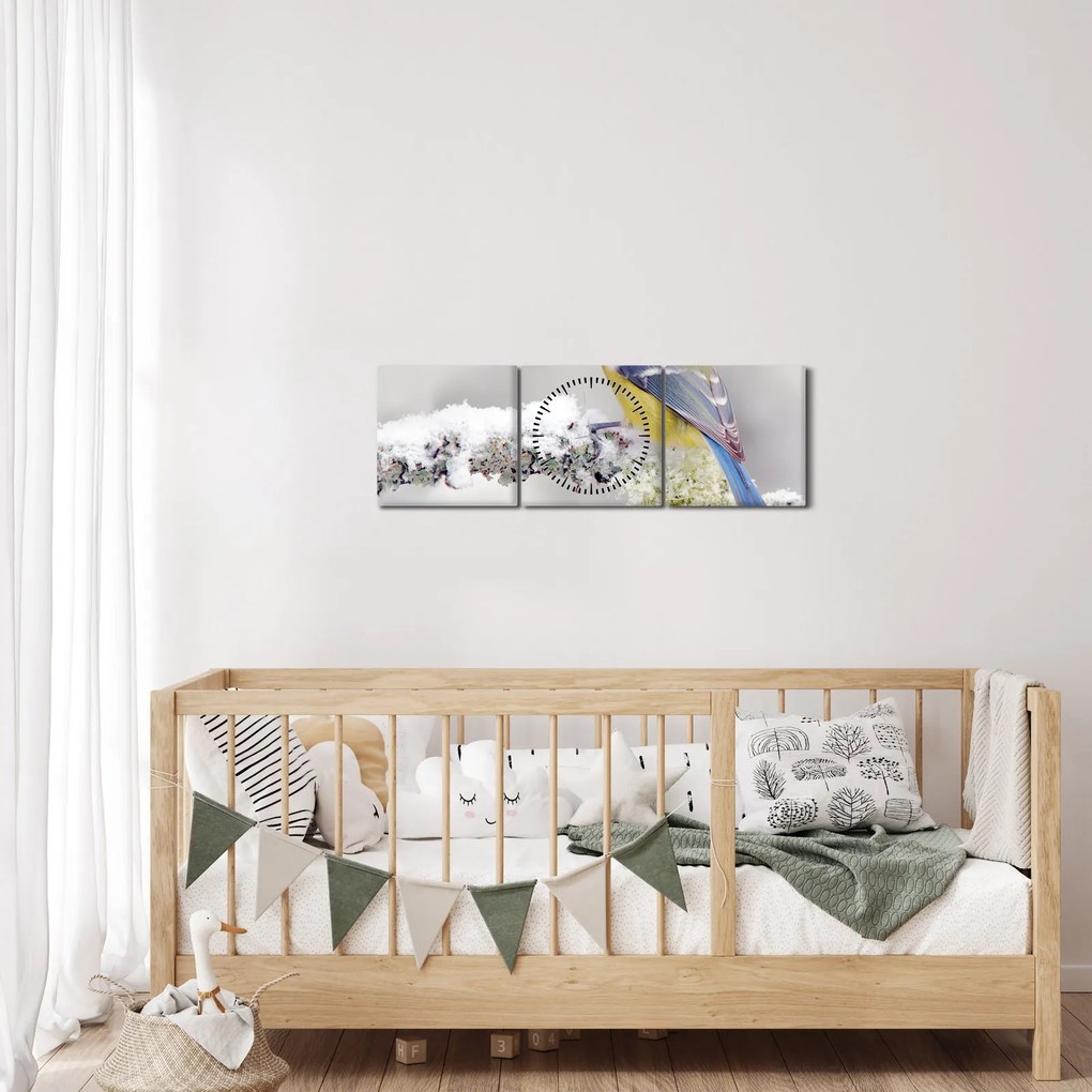 Obraz - Sikora modraszka w lesie (z zegarem) (90x30 cm)
