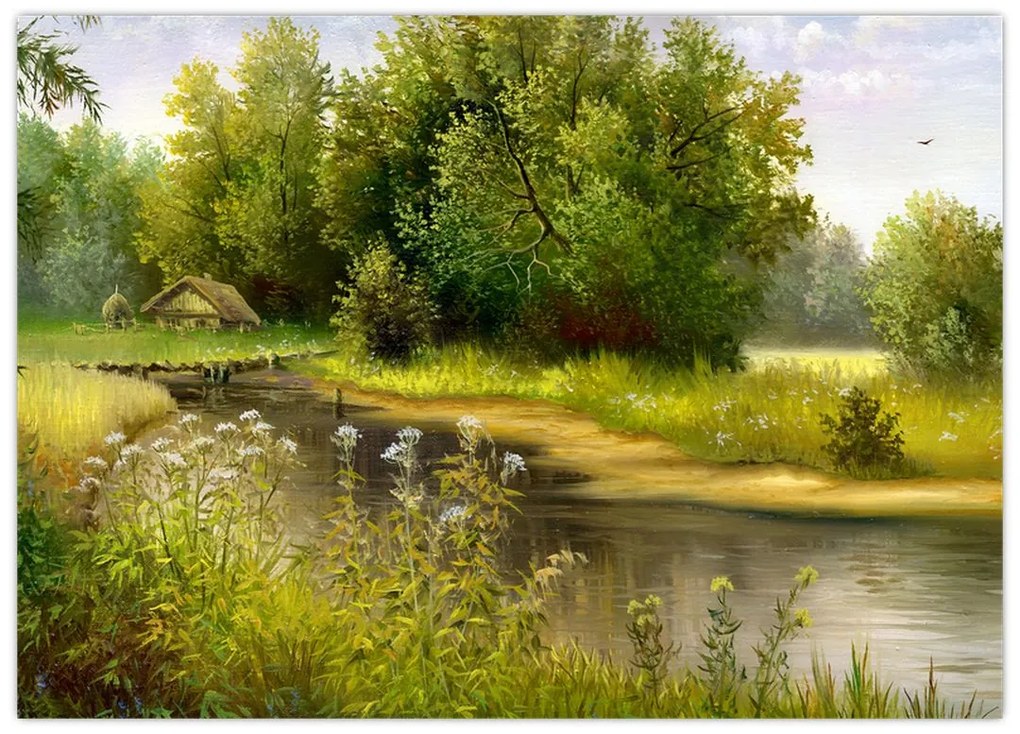 Obraz na szkle - Rzeka przy lesie, obraz olejny (70x50 cm)