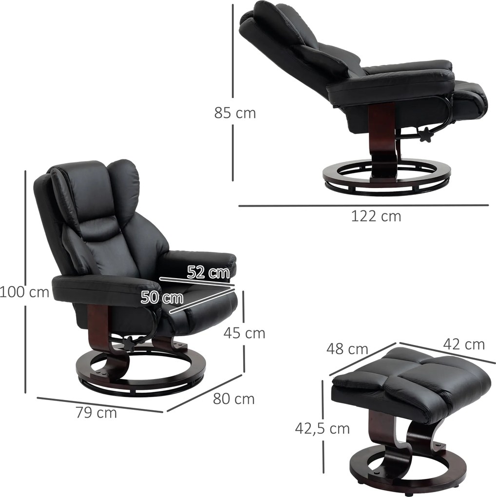 HOMCOM Fotel relaksacyjny z obrotowym pufem funkcja leżenia do oglądania TV ekoskóra czarny | Aosom PL