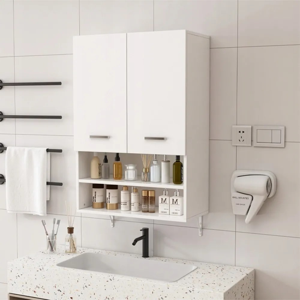 Biała wisząca szafka łazienkowa 64 x 90 x 30 cm - z półkami, w stylu loft, idealna nad pralkę