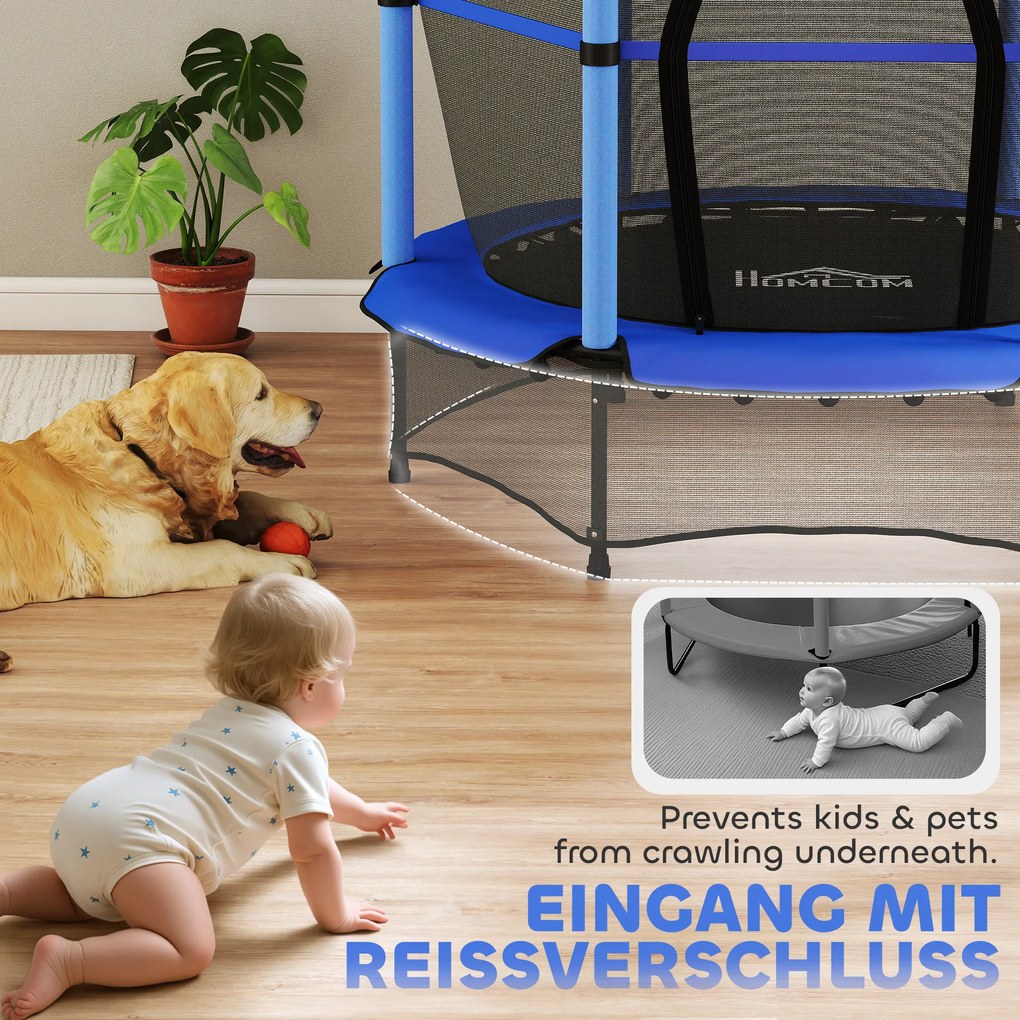 HOMCOM Trampolina dla Dzieci, Ø140 cm, z Siatką Bezpieczeństwa, do Wnętrz i na Zewnątrz, Stal, Plastik, Obciążenie do 50 kg, Niebieska