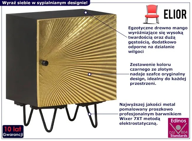 Czarno-złota szafka nocna na metalowych nóżkach - Anazis