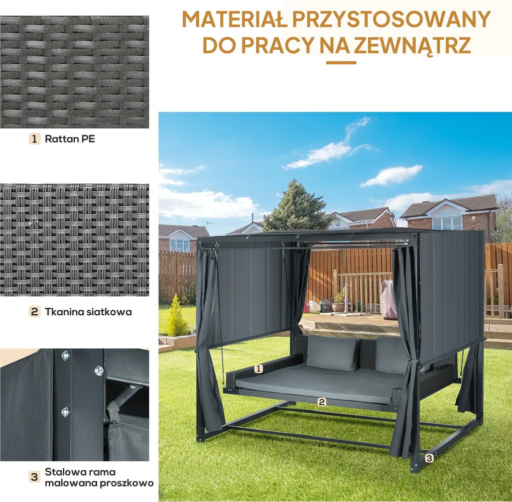 Outsunny Łóżko huśtawkowe ogrodowe z rattanu z baldachimem i poduszkami szare odporne na pogodę | Aosom PL