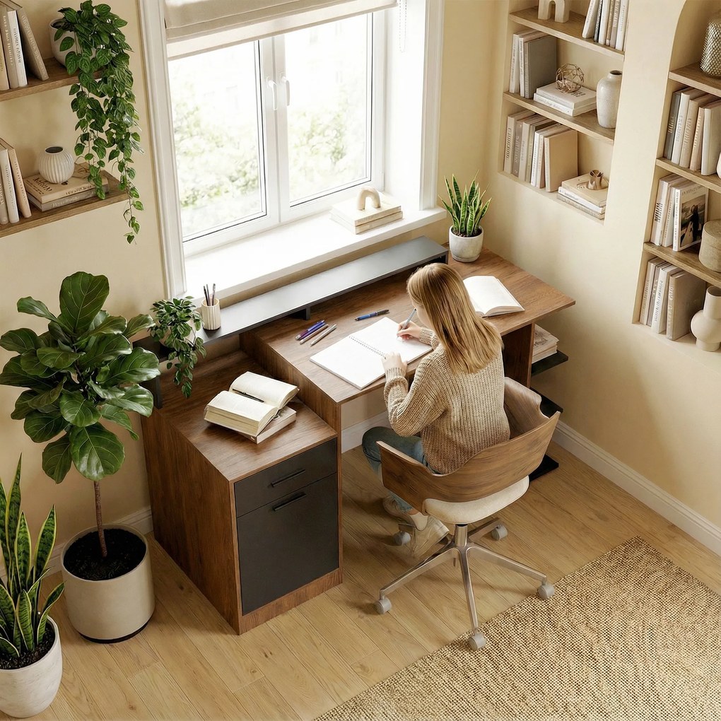 HOMCOM Biurko komputerowe z miejscem na przechowywanie i półkami, nowoczesne biurko do biura i gabinetu, 140 cm, dąb | Aosom PL