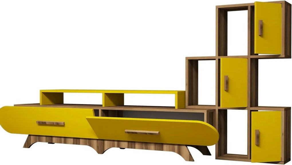 Stolik pod telewizor z szafką Flora S Yellow and Walnut