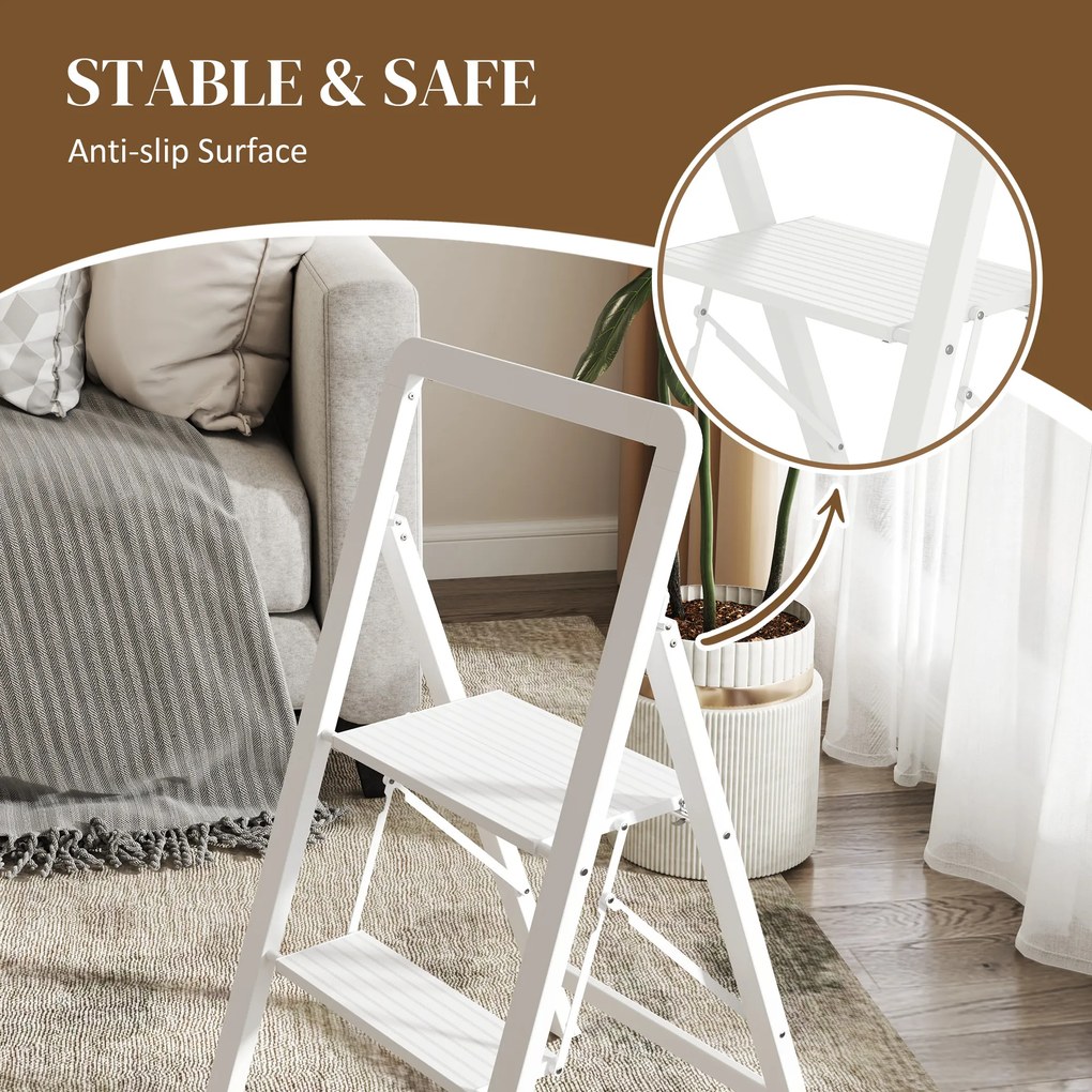 HOMCOM Drabina 2-stopniowa, Składana, Antypoślizgowa Platforma, Biała