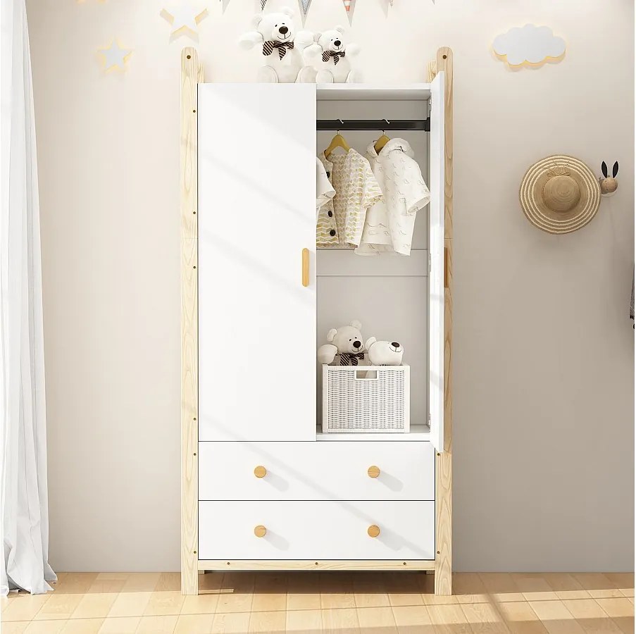 Szafa dziecięca - 90 x 45 x 180 cm - 2 drzwi + drążek na ubrania + 2 szuflady - płyta wiórowa - biała