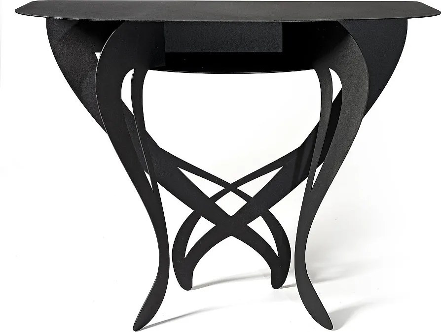 Konsola Frida 110x35x85 cm z czarnego żelaza, elegancki perforowany wzór kwiatowy, wąski mebel do przedpokoju lub salonu, made in Italy