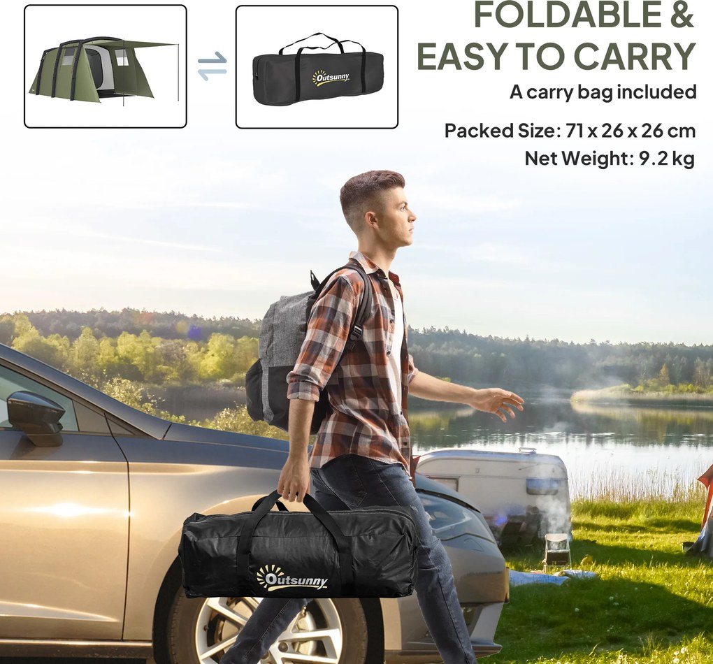 Outsunny Nadmuchiwany Namiot Kempingowy dla 3-6 Osób Tunelowy z Bocznymi Oknami i Drzwiami, Zielony 4,4 x 2,8 x 1,95 m | Aosom PL