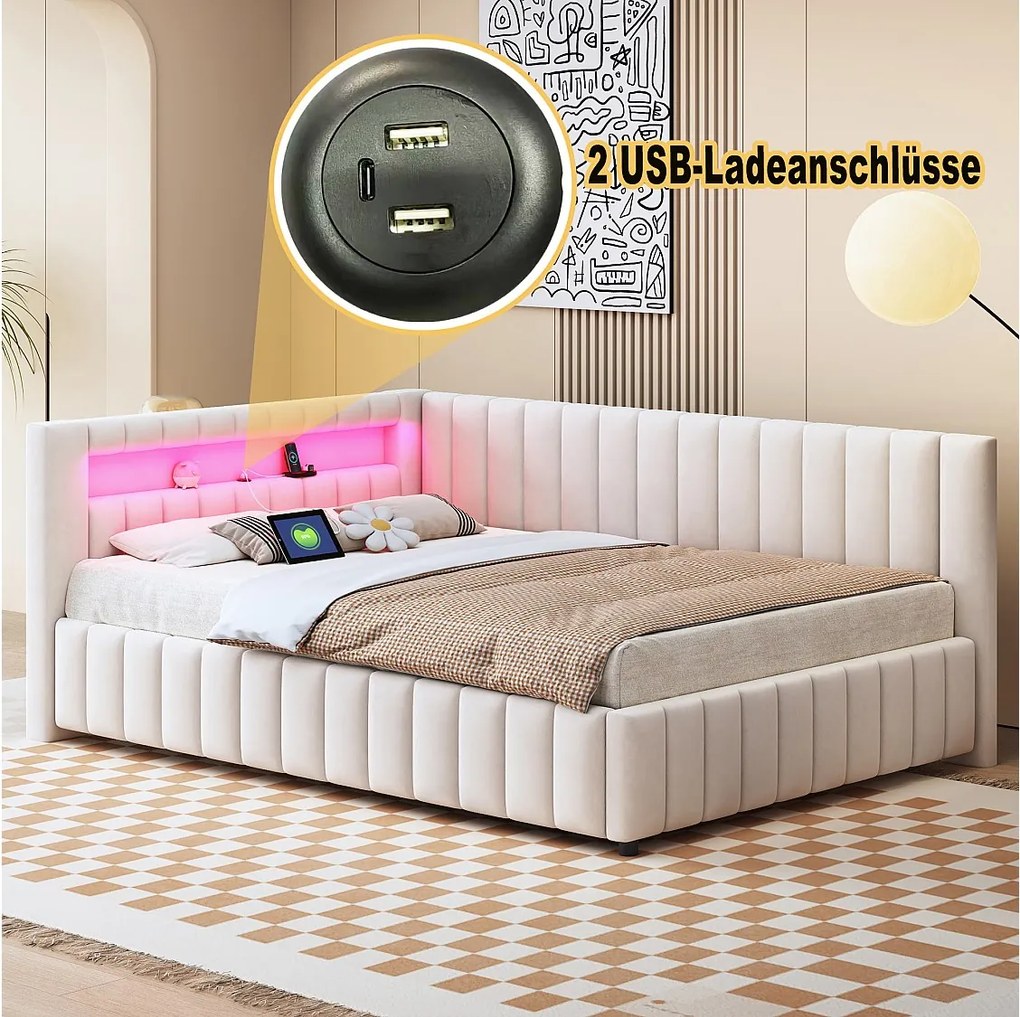 Leżanka 140x200 cm - Beżowy aksamit - Łóżko dla dorosłych z lampkami LED i portem ładowania USB - Bez materaca