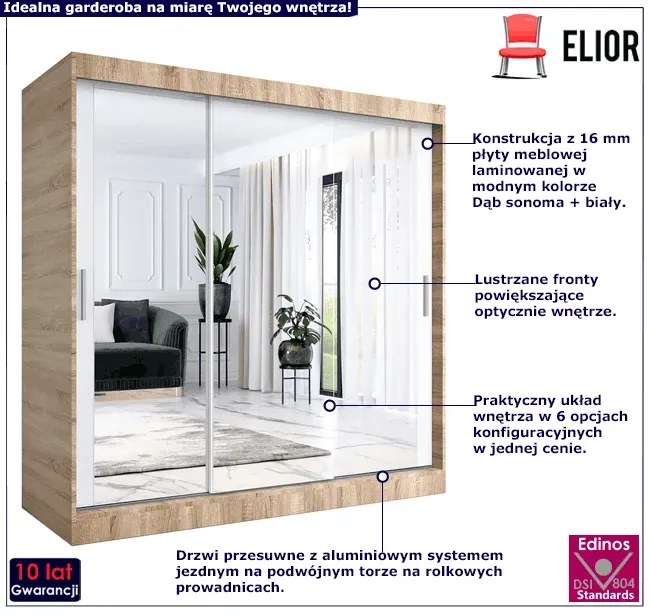 Szafa Przesuwna Biały Z Lustrem Dąb Sonoma + 200 Cm 90 Cm K8-D05
