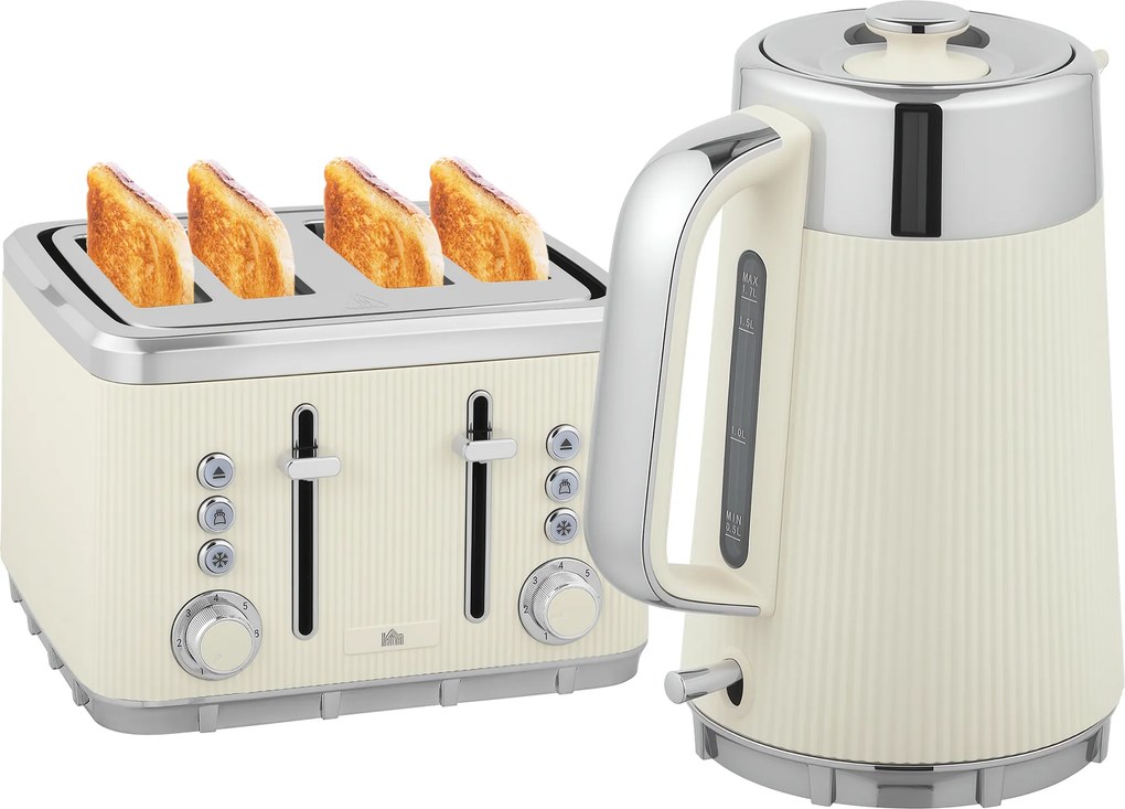 HOMCOM 2200 W, 1,7 l czajnik z funkcją szybkiego gotowania, filtrem przeciwkamiennym i 4-kromkowym tosterem z 7 stopniami zarumienienia, kremowo-biały | Aosom PL