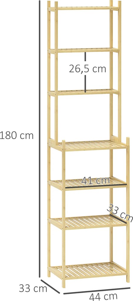 HOMCOM Regał łazienkowy z 7 półkami, Bambusowy, Wodoodporny, Solidny, 180 cm