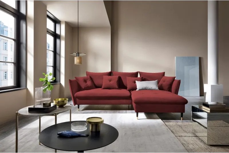 Narożnik GLAM Prawostronny z funkcją spania, zestaw z poduszkami wolnostojący tkanina RIVIERA 61 Burgundowy DOMO HOME