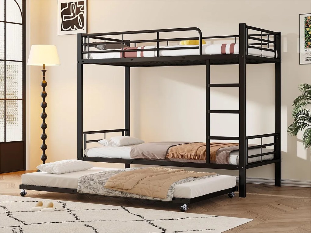 Łóżko piętrowe z żelaza kute 90x200 cm - z łóżkiem wysuwanym 90x190 cm - Czarne