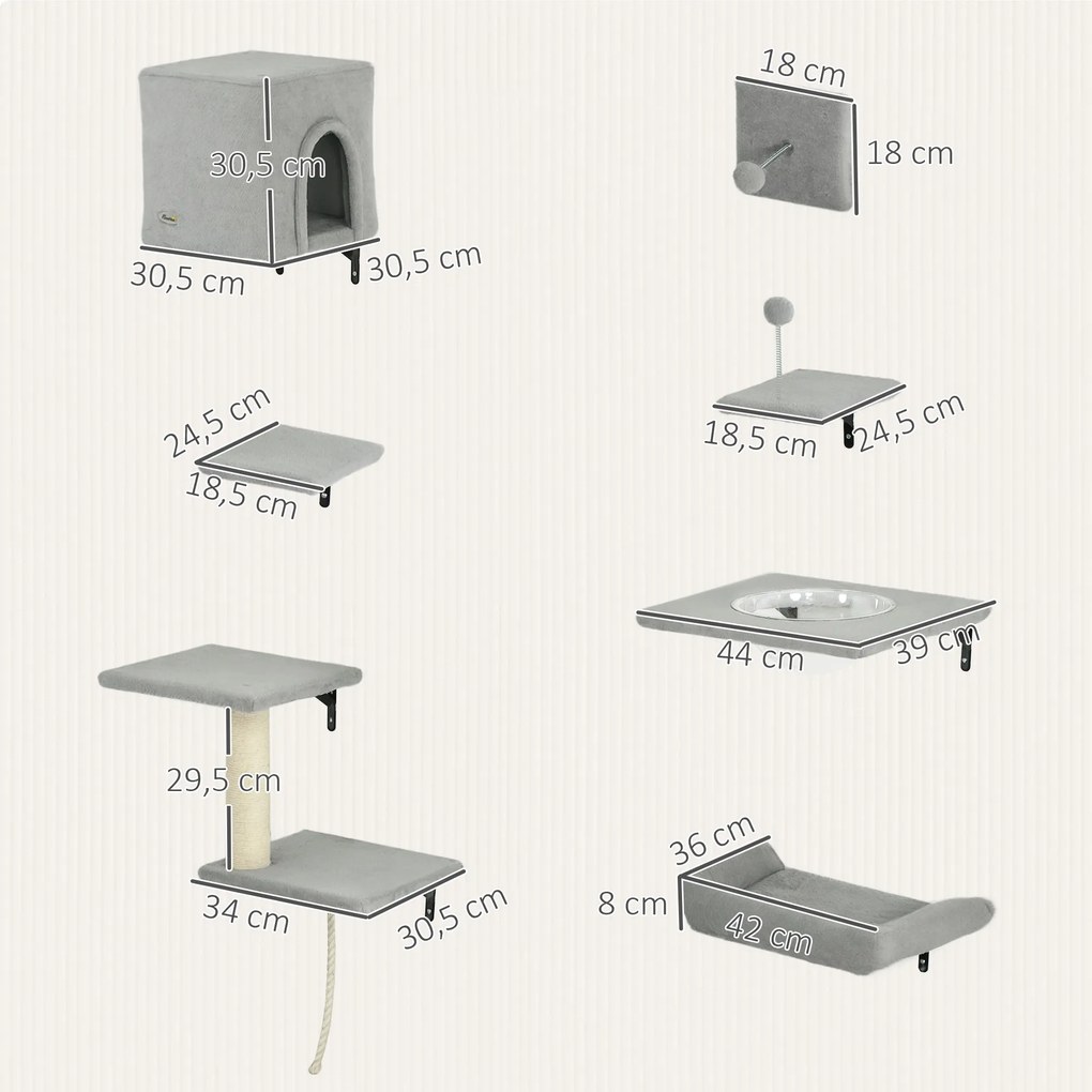 PawHut Ścianka Wspinaczkowa dla Kotów 7-częściowy Zestaw z Domkiem, Platformy, Szara
