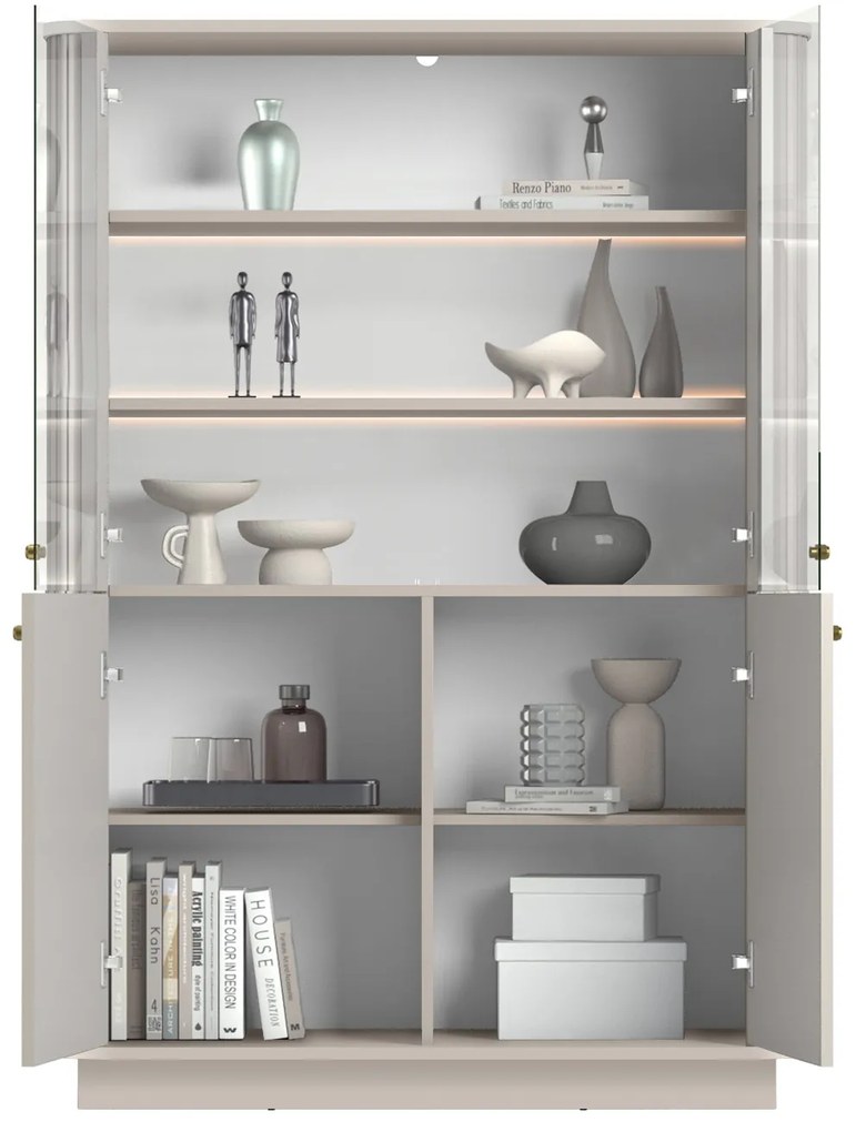 Witryna Vesper 103 cm czterodrzwiowa na cokole - kaszmir / złote uchwyty