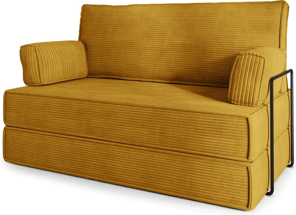 Masseno Sofa piankowa LADIA z funkcją spania, Kanapa z pianki do salonu, Bezmontażowa, Tkanina sztruksowa – Żółty POSO 01