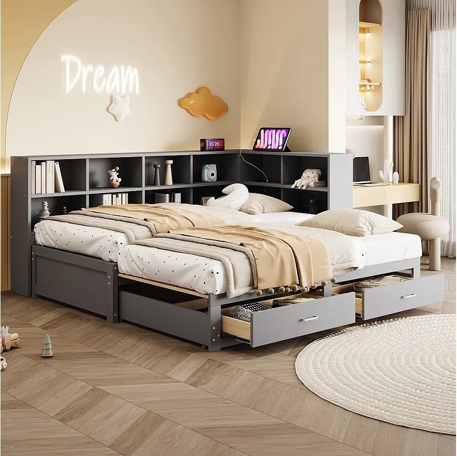 Rozkładana sofa - 90/180 x 190 cm - ze schowkiem + 2 szuflady + gniazdo - sosna + sklejka + MDF - szary