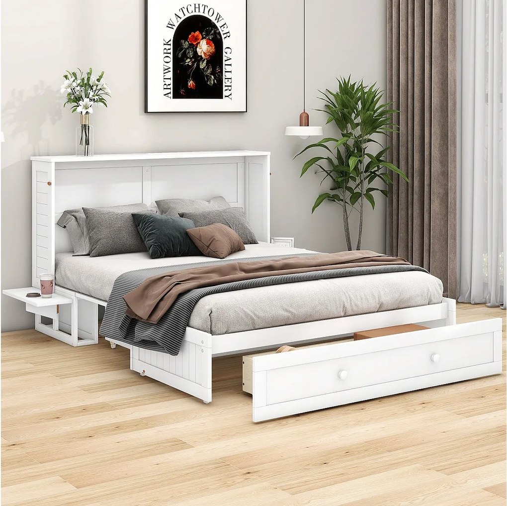Mobilne łóżko Murphy - 140 x 200 cm - Łóżko konwertowalne - Szuflady i półki - Sosna i MDF - Białe