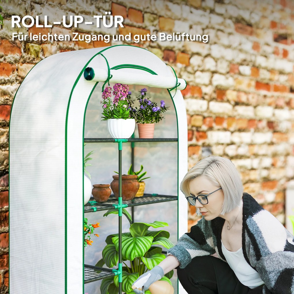 Outsunny Mini-szklarnia, 4-poziomowa szklarnia z folią plastikową, przenośna, z rolowanymi drzwiami, 100 x 45 x 160 cm, biała