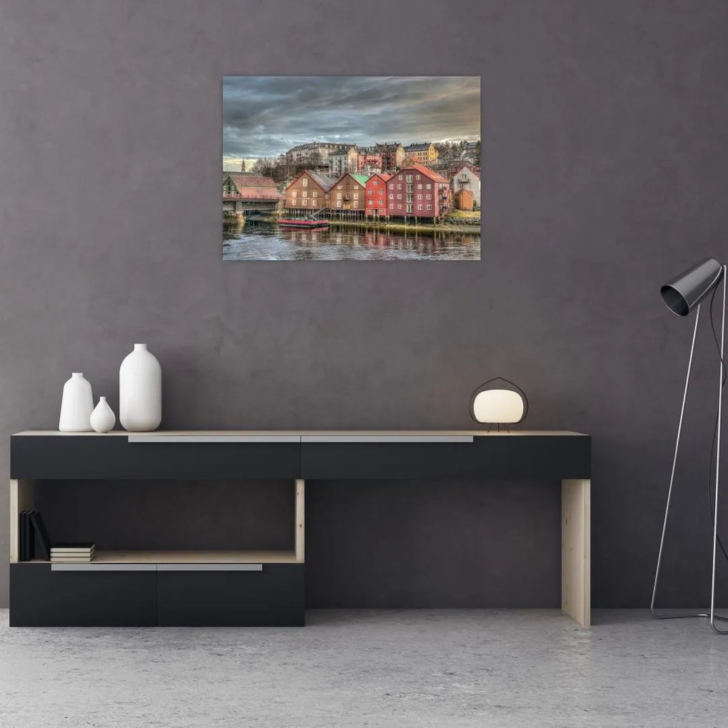 Obraz na szkle - domy nad rzeką (70x50 cm)