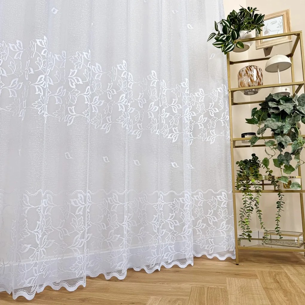 Firana żakardowa wzór roślinny biała elegancka nakrapiana - wys. 250 cm