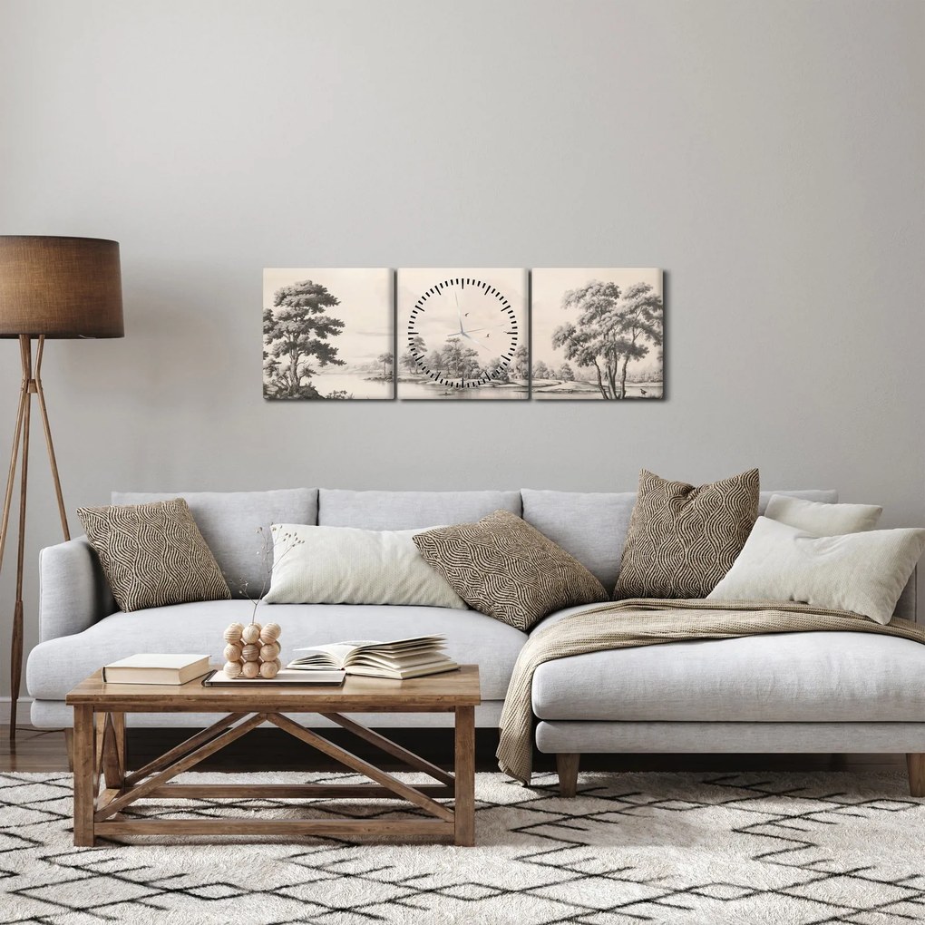 Obraz - Rysunek krajobrazu w stylu vintage (z zegarem) (90x30 cm)