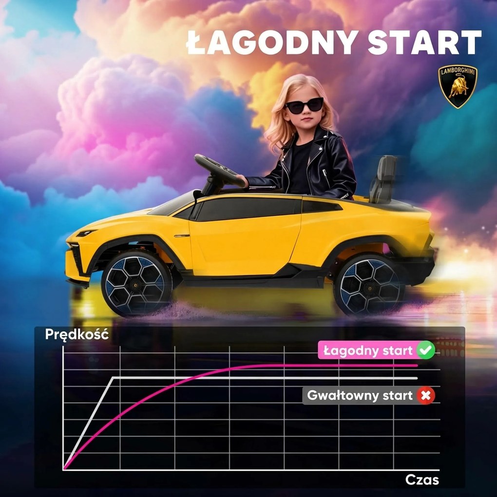 AIYAPLAY Elektryczne auto 12 V z pilotem 2,4 GHz, 2 silniki, LED, muzyka — 101,5 x 49 x 43 cm, żółte