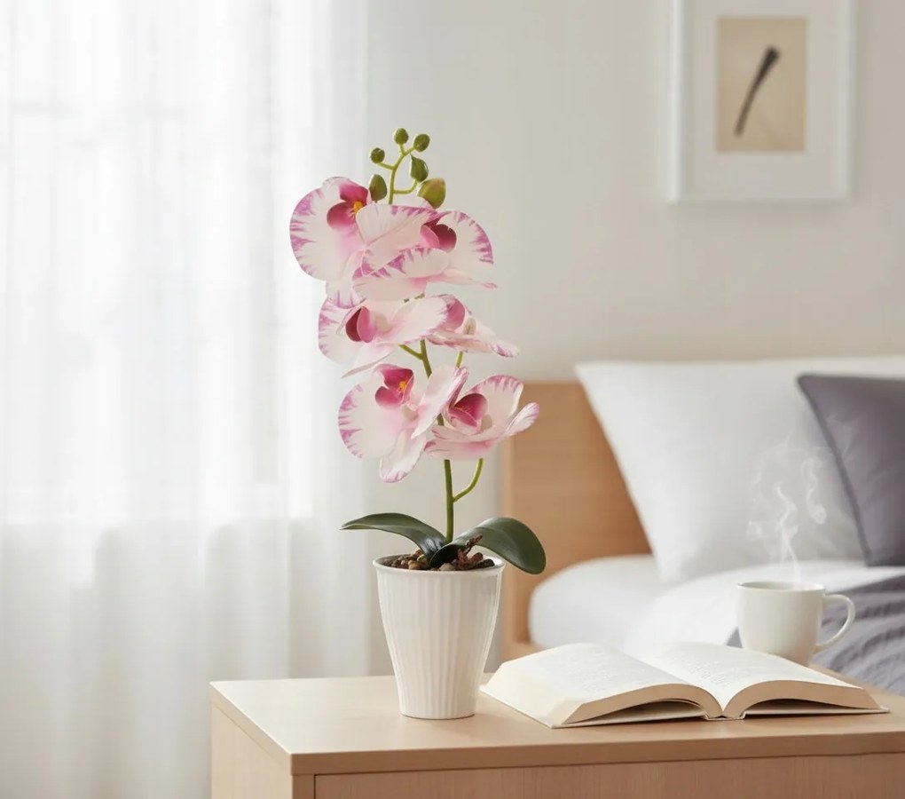 Storczyk w Doniczce Orchidea 37 cm Kwiat Sztuczny Biały Doniczkowy Ozdobny