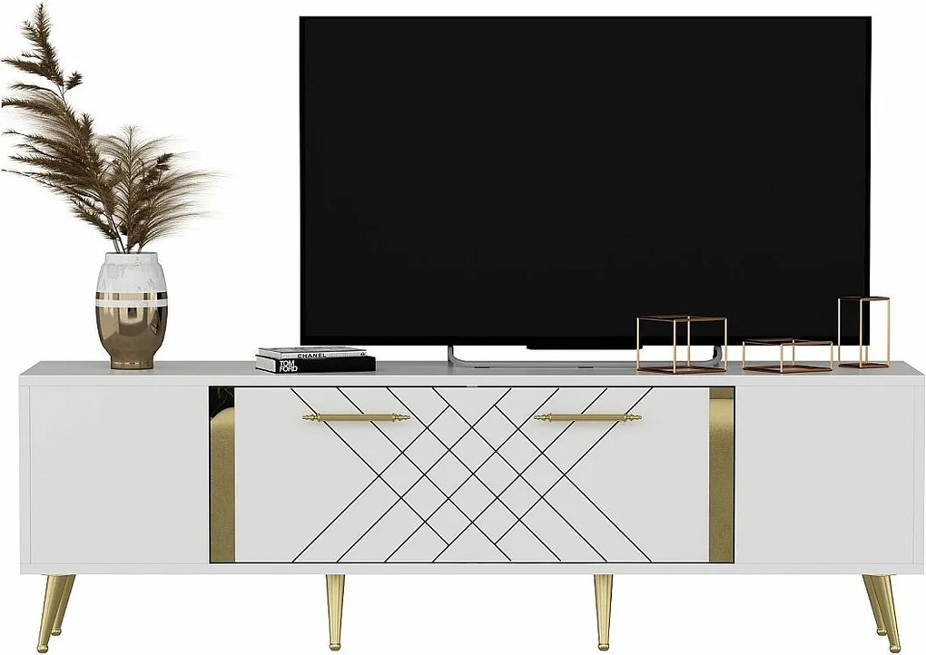 Nowoczesna szafka pod telewizor – 150 cm x 48,2 cm x 35 cm – biało-złota – płyta wiórowa pokryta melaminą