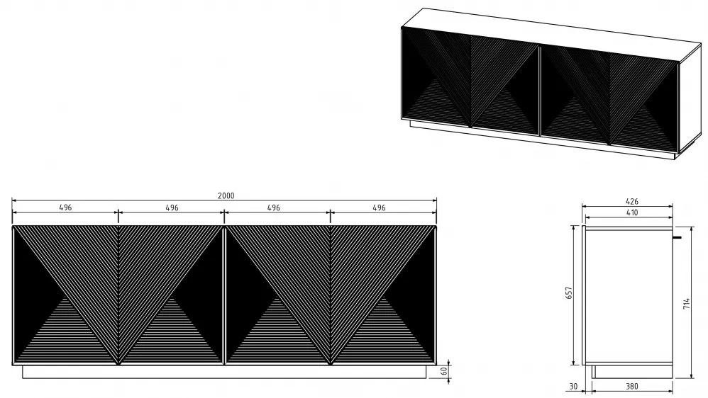 Komoda Asha 200 cm z ryflowanym frontem - artisan / czarny mat