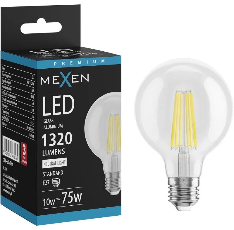 Mexen Vintis żarówka filament LED E27, G80, 10W, Neutralna - 4000K, 1320 lm, clear - L155-E27-1040-00
