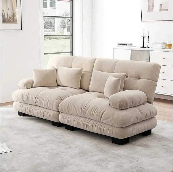 Sofa 2-osobowa beżowa - z 4 poduszkami - rama z litego drewna + tkanina plusz - 220x77x81cm