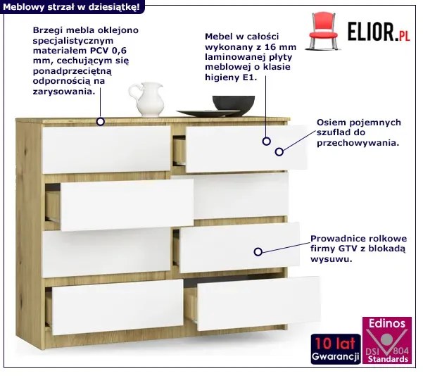 Komoda z szufladami do sypialni dąb artisan + biały - Dalmos 3X