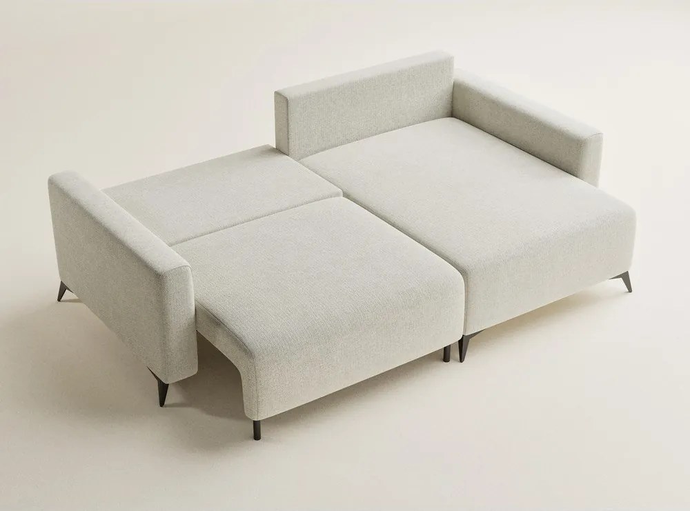 Kremowy rozkładany narożnik ze schowkiem z tkaniny szenilowej (prawostronny/z szezlongiem) Leon – Maison de Rêve