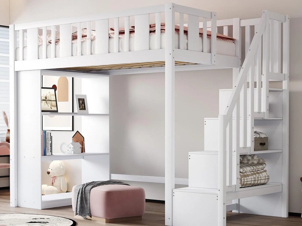 Łóżko typu mezzanine 90x200cm - ze schodami do przechowywania - z komorami do przechowywania - białe (materac nie wliczony)