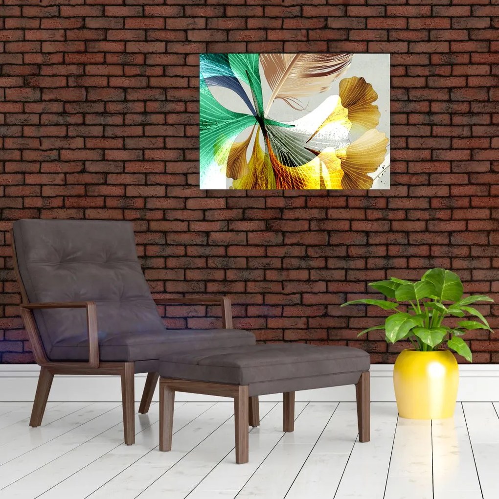 Obraz na szkle - Liście z piórami (70x50 cm)