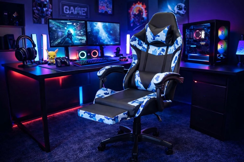 Fotel gamingowy z podnóżkiem Raxor, kolor czarno-niebieski moro
