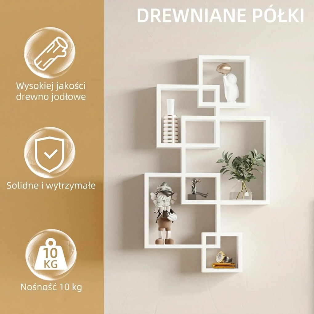 HOMCOM Regał Ścienny, Półka Wisząca, 5 Półek, Drewno Lite, Biały