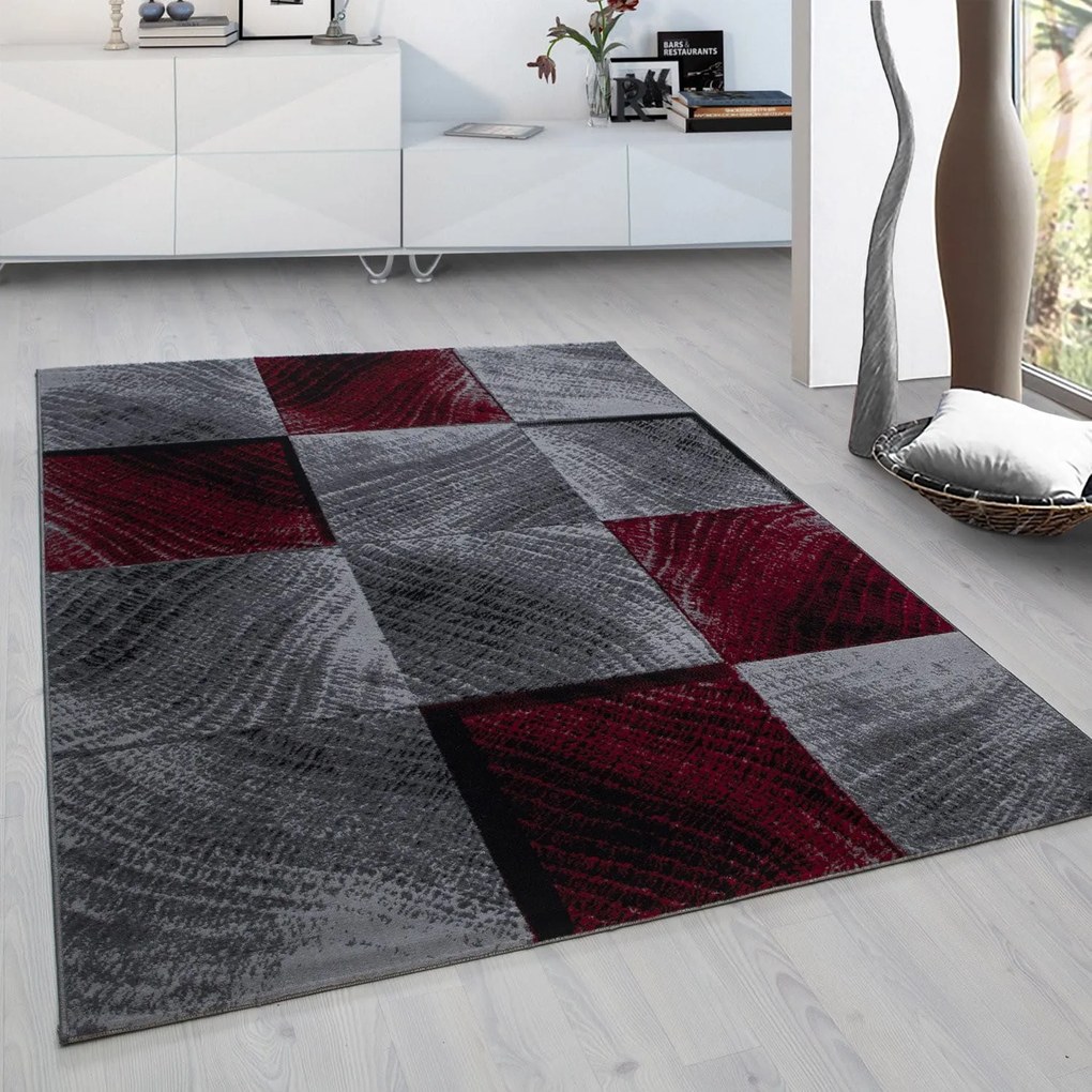 Dywan nowoczesny Plus kwadraty szaro-czerwony 240 cm x 340 cm
